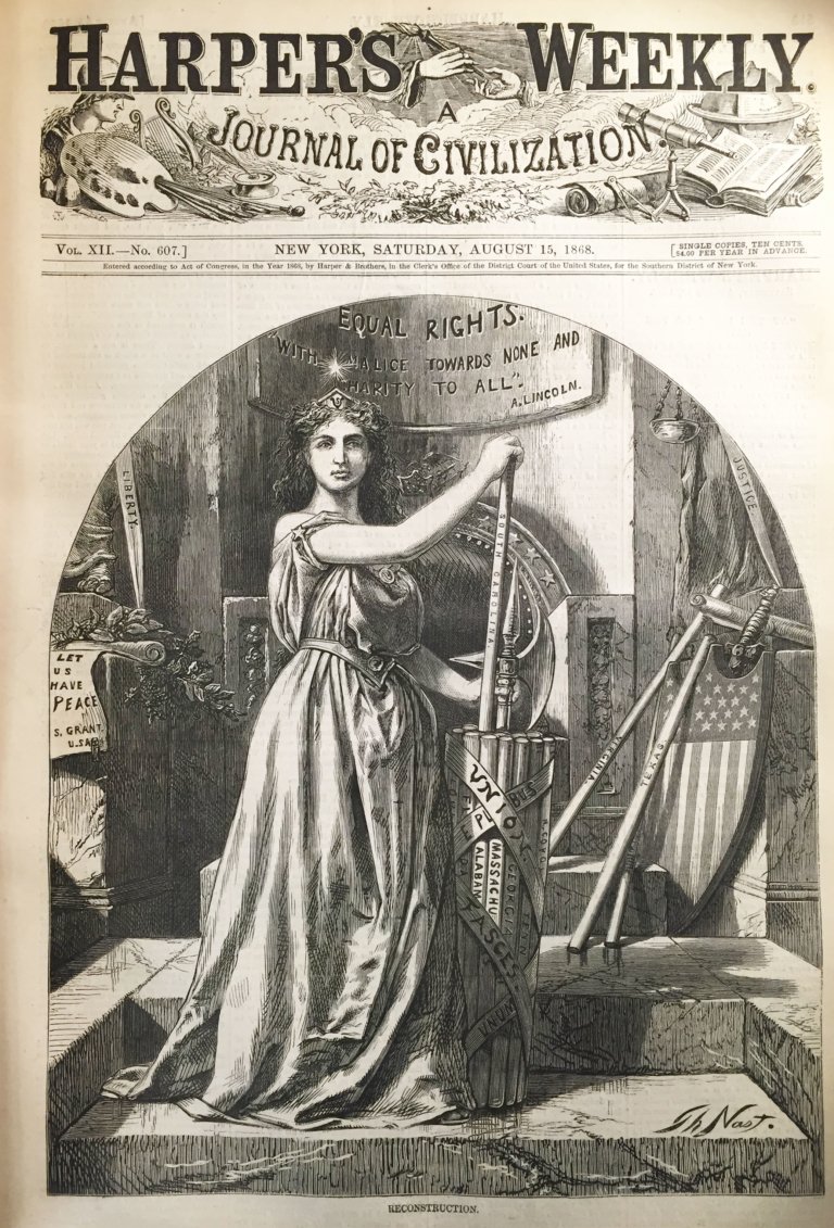 Columbia (American Minerva) and the Fasces in Harper's Weekly “Reconstruction” for Equal Rights (1868)
